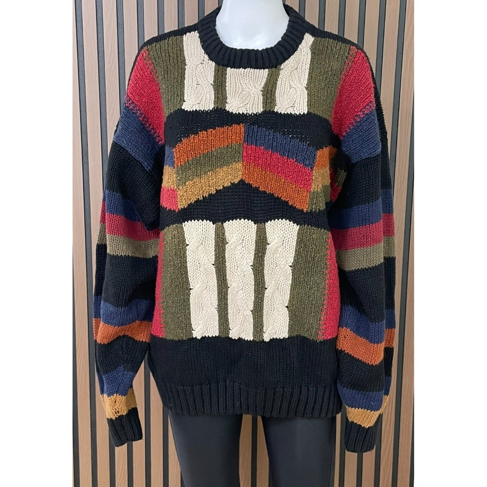 Duplex Men's L Black Sweater Ramie Pullover Cable-Knit Cosby 80s Y2K Vintage Dad